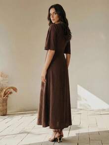 Anewsta 女士圆领短袖刺绣连衣裙，优雅 - 咖啡棕 - 查看 4