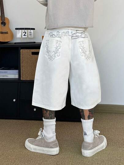 STEELVANCE Streetwear Minimalist Fashion Versatile Letter Embroidery Decor West Coast Inspired Casual Everyday Niche Design Straight Leg Jeans Shorts Mens Y2k Clothes