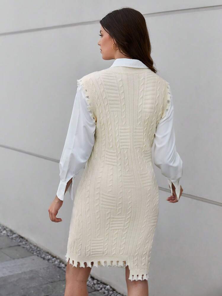 1pc Raw Trim Asymmetrical Hem Sweater Dress