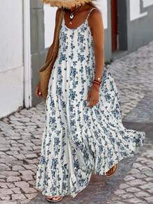 Balvessa Women's Floral Print Ruffle Hem Spaghetti Strap A-Line Dress, Vacation - Blue and White - View 1