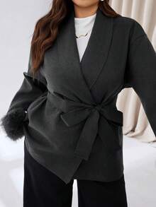 Auralis Plus Size Fashionable Versatile Overcoat With Belt, Autumn/Winter - Dark Grey - View 4