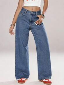 Jeanoix Quần jeans rộng rãi, không co giãn, đa năng dành cho nữ cỡ lớn thời kỳ Y2K. - Rửa trung bình - Xem 1