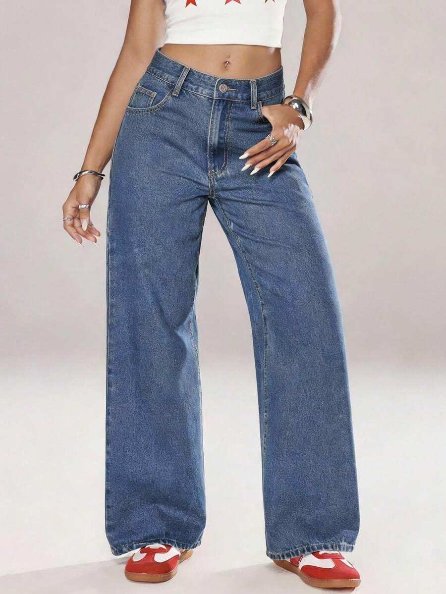 Jeanoix Quần jeans rộng rãi, không co giãn, đa năng dành cho nữ cỡ lớn thời kỳ Y2K. - Rửa trung bình - Xem 1