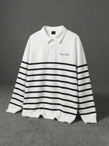 SUMWON Long Sleeve Striped Polo Shirt With Collared Neckline Regular Fit Casual Horizontal Stripe Pattern - White - View 1