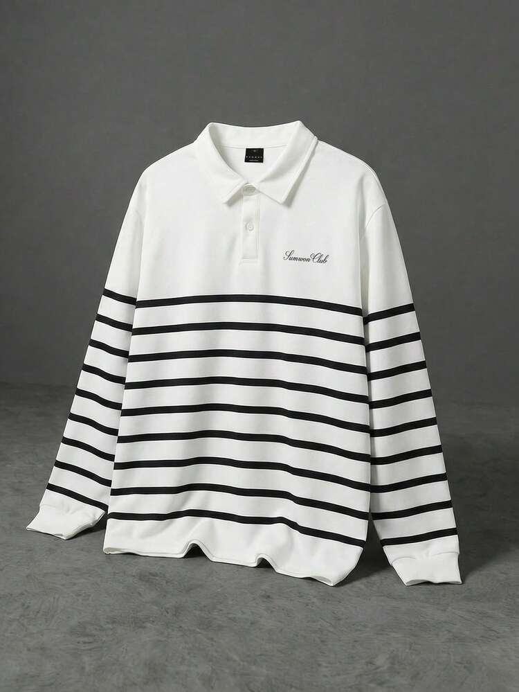 SUMWON Long Sleeve Striped Polo Shirt With Collared Neckline Regular Fit Casual Horizontal Stripe Pattern - White - View 1