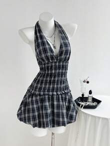 Elamini Women's Plaid Halter Casual Dress - Navy Blue - View 4