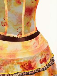 Amplova 2026 Early Spring Floral & Leopard Print Low-Cut Blouse, Low-Waist A-Line Skirt, Women's 2-Piece Set - Multicolor - View 9