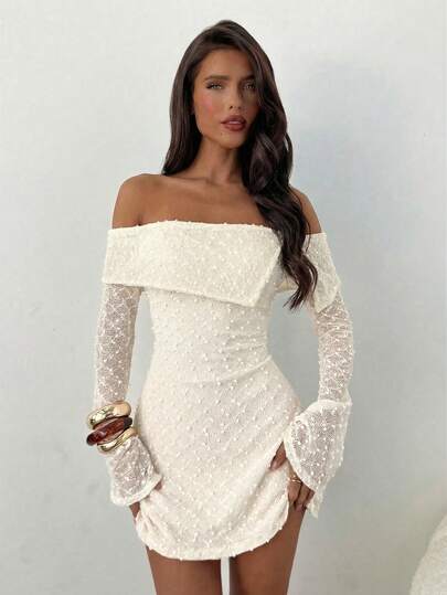 Aloruh Women's Elegant Jacquard Off-Shoulder Bodycon Mini Dress, Suitable For Party And Date, Spring/Summer Dress,Elegant Dresses For Women,White Dresses For Women,Dresses For Women Elegant,Off The Shoulder Dress,Valentine's Day Dress,Vacation Outfits Women, Casual Women's Dresses