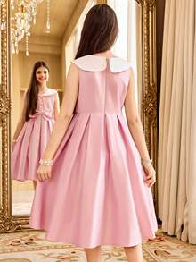 SHEIN Tween Girl Elegant Gold Button White Color Block Collar Big Bow Pink Sleeveless A-Line Dress,Pink And White Striped,Summer,Elegant,Party Wear Vintage - Pink - View 15
