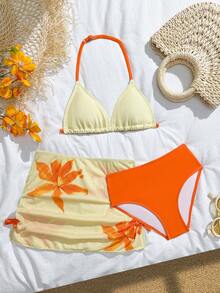 Tropical Print Tween Girl Bikini Sets - Yellow - View 4