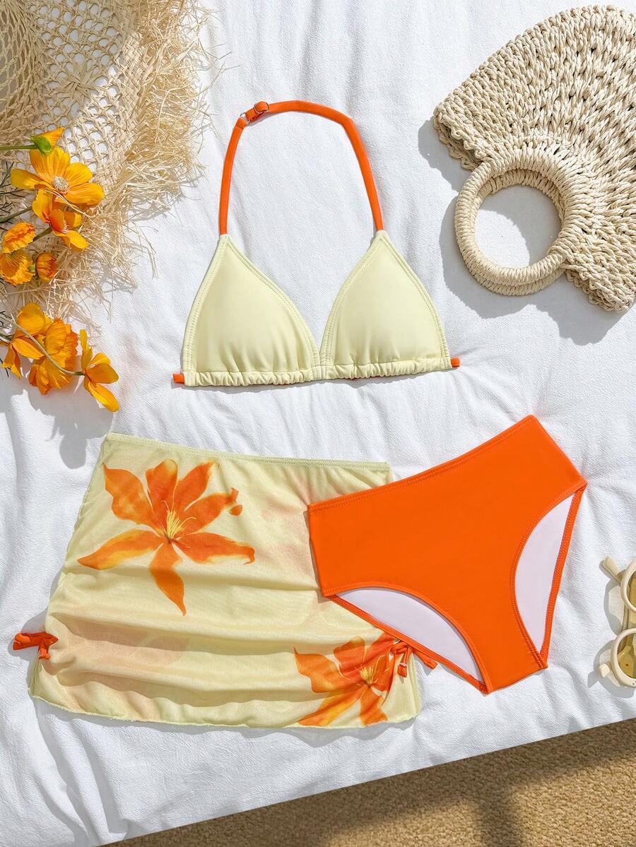 Tropical Print Tween Girl Bikini Sets - Yellow - View 1