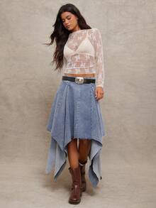 WESTFADE Pleated Handkerchief Raw Hem Asymmetrical Denim Midi Skirt - Medium Wash - View 3