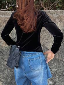 FRIFUL 2pcs Women Velvet Camisole And Cardigan Set - Black - View 3