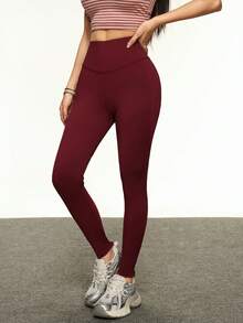 INAWLY Women's Solid Wine Red Casual R Letter & Star Print Leggings - Burgundy - View 1