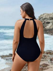 Swim SPRTY 2025新款加大码拼接挂脖连体泳衣，修身款，欧美风格 - 淺藍色 - 查看 2