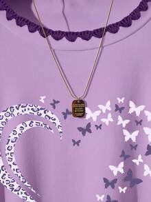 Camiseta gráfica con estampado de mariposa y corazón con cintura ceñida, nuevos lanzamientos de verano para mujer - Morado - Ver 5