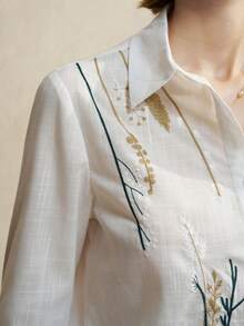 Airaco Women's Casual Plant Embroidery Shirt, Spring/Autumn - White - View 7