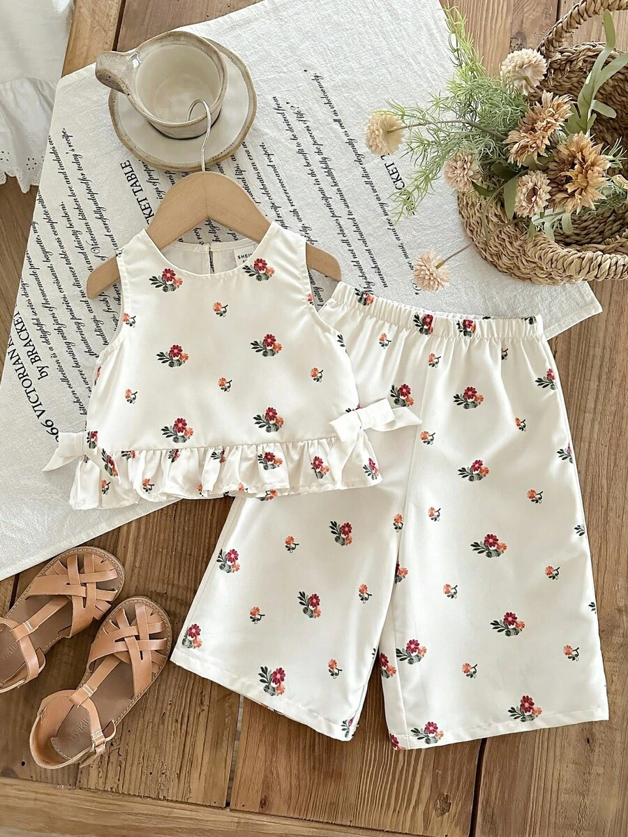 SHEIN 女婴可爱碎花荷叶边吊带背心和裤子两件套，夏季 - 白色 - 查看 1