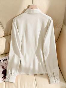 Franclia Áo sơ mi dài tay nữ màu trơn cổ bẻ đính ngọc trai nhỏ, màu hồng, thích hợp cho mùa thu. - Màu be - Xem 2