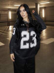 AfricaSnchz 青少年女孩时尚街头服饰拼色印花宽松长袖运动衫 - 黑色 - 查看 4