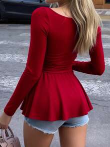 INAWLY 女士纯色方领长袖荷叶边下摆时尚衬衫 - 紅色 - 查看 5