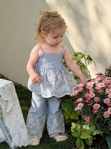 LMoss Kids 女婴夏季休闲乡村度假条纹花卉刺绣荷叶边吊带背心和裤子套装 - 藍白色 - 查看 6