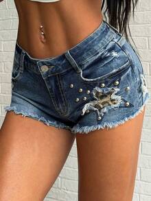 Jeanoix Y2K 时尚刺绣豹纹星星装饰牛仔迷你短裤 - 深色水洗藍 - 查看 1