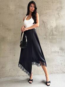 Firerie Women's Black Asymmetrical Contrast Lace Hem Skirt, Elegant, Old-Fashioned Cruise Attire For Wedding Guests Modern Urban Casual Fashion Business - Black - View 7