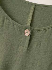 EMERY ROSE 大码女式休闲宽松亚麻短袖衬衫，夏季 - 軍綠色 - 查看 4