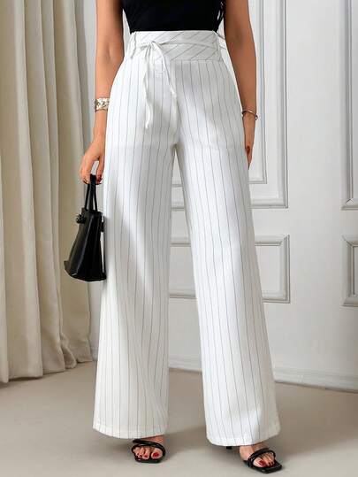 SHEIN Pantaloni largi cu dungi, talie înaltă, ușori, de vară, din amestec de in, pantaloni largi cu dungi verticale pentru femei - Pantaloni lejeri pentru plajă și resort, pantaloni largi casual cu dungi - Senzație de in respirabil, in artificial cu talie înaltă