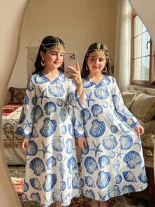 SHEIN Tween Girls' Casual Middle Eastern Arabic Style Seashell Print Robe, Vacation Vibe - Blue - View 3