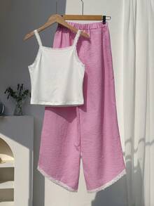 2-Piece Teen Girls Casual Summer Lace-Trim Camisole And Striped Bow Wide-Leg Pants Non-Fleece Lightweight Commuting Outdoor Daily Multi-Scene Set