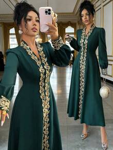 Rafferiza 优雅的中东风情派对及节日连衣裙，祖母绿立领长袖刺绣金色花卉饰边腰部A字中长连衣裙，适合秋冬春季穿着。 - 墨綠色 - 查看 1