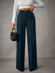 EURMUSE Women's Solid Pleated Seam Detailed Suit Pants - Dark Green - View 4