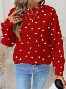 SHEIN LUNE Casual Vintage Elegant Commute Versatile Warm Romantic Heart-Shaped Red Valentine's Day Print Pattern, Comfortable Loose Fit Crew Neck Long Sleeve Sweatshirt For Women, Suitable For Autumn/Winter - Multicolor - View 2