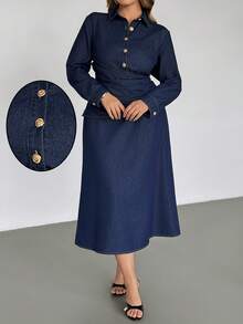 Auralis 大码女式时尚休闲单排扣长袖牛仔连衣裙，春夏情人节狂欢节服装，通勤度假毕业典礼时尚Y2K可爱街头风派对婚礼优雅商务休闲女式牛仔纽扣连衣裙，翻领长袖系带腰身细节 - 藍色 - 查看 8