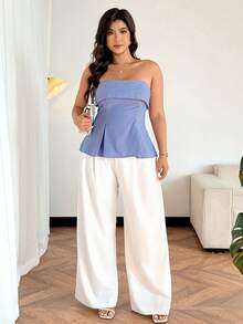 Easura 大码女式藏蓝色条纹面料优雅通勤无肩带荷叶边露脐上衣 - 藍白色 - 查看 3