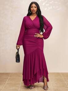 Truni Plus Size Elegant Solid Color Lantern Sleeve Dress, For Pear & Triangle Body Shape - Red Violet - View 5