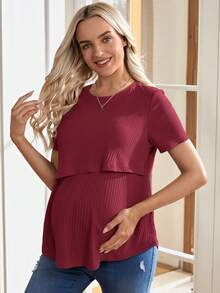 SHEIN Áo thun ngắn tay cổ tròn màu trơn, thích hợp cho bà bầu và cho con bú, mùa hè. - Màu Hoa hồng đỏ - Xem 5