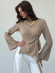 Aloruh Khaki Minimalist Office/Commute Boat Neck Flare Sleeve Tie Waist Women Blouse - Khaki - View 4