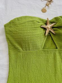 Soleia Đầm mini ôm sát cơ thể màu trắng dệt kim, không dây vai, khoét ngực, xếp ly, trang trí sao biển kim loại, thích hợp cho kỳ nghỉ hè, dự tiệc, hẹn hò, đi biển, du lịch. - màu xanh lá - Xem 5