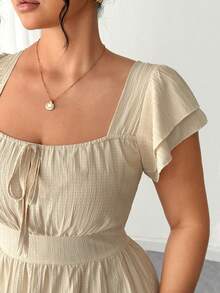 Elenzga Đầm nữ cỡ lớn cổ vuông tay bèo nhún đôi thiết kế nơ trước và sau, kiểu dáng thường ngày, thích hợp cho mùa xuân/hè. - Màu be - Xem 4