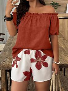 SHEIN LUNE Plus Size Women 2pcs Set Off-Shoulder Casual Vacation Top - Multicolor - View 1
