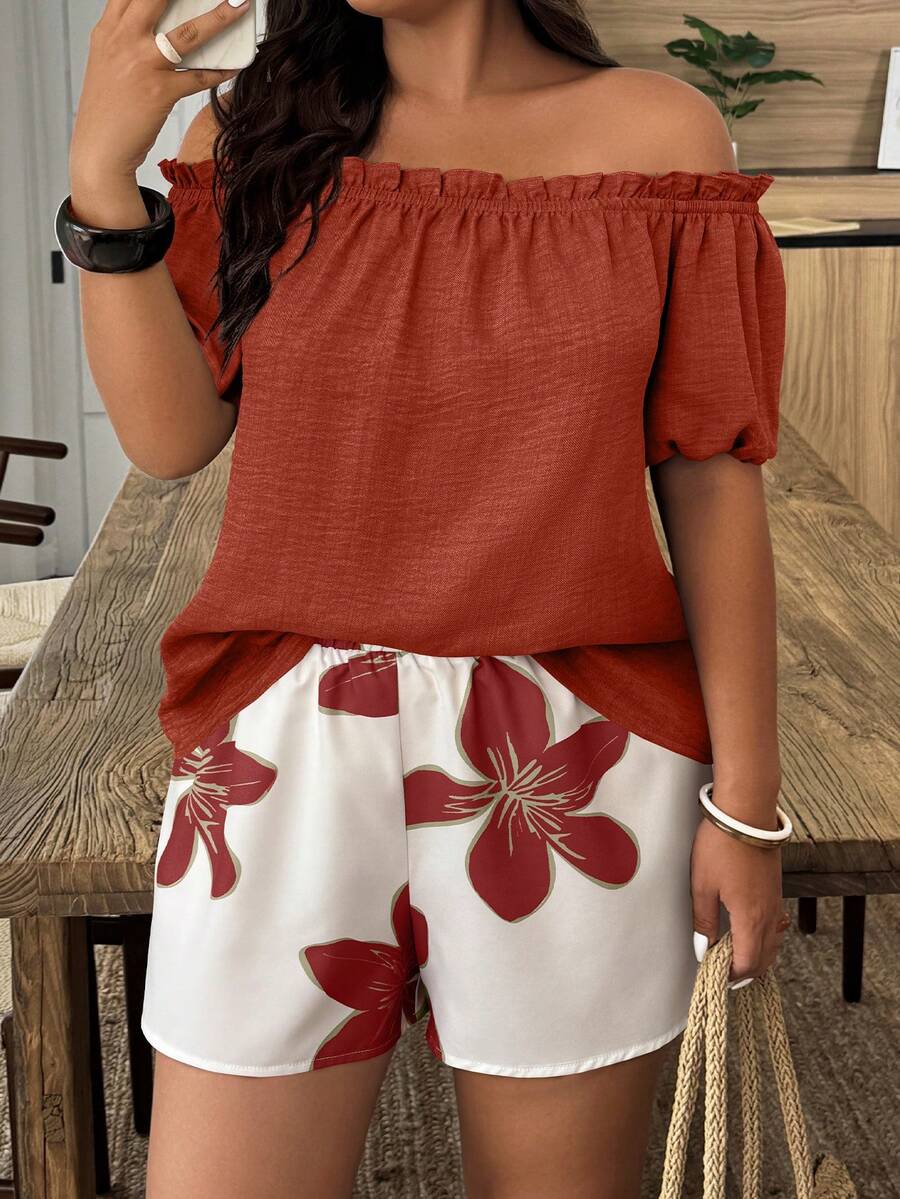 SHEIN LUNE Plus Size Women 2pcs Set Off-Shoulder Casual Vacation Top - Multicolor - View 1
