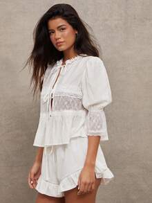 WESTFADE Lace Trim Crepe Puff Sleeve Ruffle V Neck Button Front Tie Bed Jacket Top - White - View 5