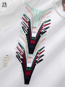 SHEIN Conjunto de 14 piezas de bragas tipo tanga de mujer con encaje floral y decoración de diamantes de lujo - Multicolor - Ver 8