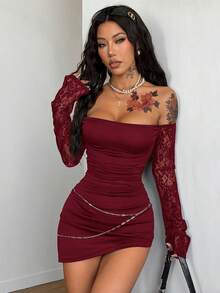 Coolane Đầm ôm sát hở vai bằng vải dệt kim dành cho nữ - Đỏ - Xem 3