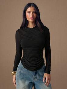 SHEIN BAE Women's Casual Solid Color Pleated Slim Fit Long Sleeve T-Shirt, Autumn - Black - View 6