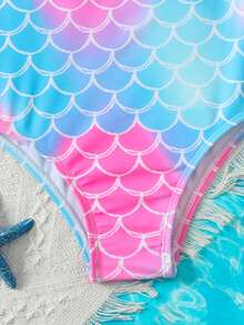 Young Girls Mermaid Print Cute Ruffle One-Piece Swimsuit, Casual Beach Vacation, Swimwear For Sisters Photo Shoot - Pink - View 3