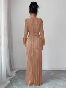 Rafferiza Luxurious Elegant Wrap V-Neck Dress With Ruched Design, Elastic Waist, Metal Buckle Decoration, Detachable Waist Belt, Slimming Long Sleeve Dress In Deep Wine Red, Suitable For Commute, High-End Cocktail Party, Gala, Private Salon, And Other Occasions - Champagne - View 2